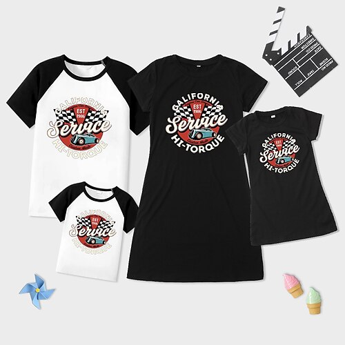

Family Look Dresses T shirt Tops Letter Car Daily Patchwork Multicolor Short Sleeve Knee-length Daily Matching Outfits / Spring / Summer / Casual / Print