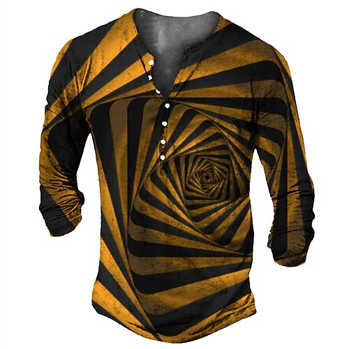 

Men's T shirt Tee Henley Shirt Tee Graphic Striped Henley Yellow 3D Print Plus Size Outdoor Daily Long Sleeve Button-Down Print Clothing Apparel Basic Vintage Designer Classic / Sports