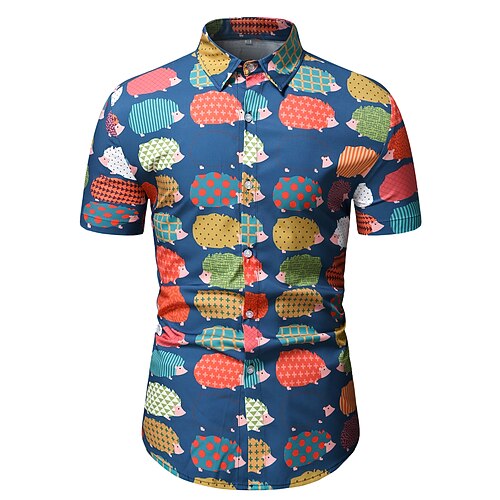 

Men's Shirt 3D Print Hedgehog Plus Size Turndown Holiday 3D Print Short Sleeve Tops Casual Classic Sea Blue