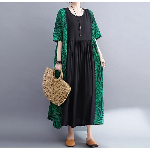 

Women's Shift Dress Maxi long Dress Green Red Short Sleeve Abstract Print Summer Crew Neck Vintage Linen One-Size
