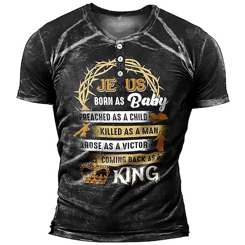 

Men's Henley Shirt T shirt 3D Print Graphic Letter Henley Street Casual Button-Down Print Short Sleeve Tops Basic Fashion Classic Comfortable Black / Sports / Summer