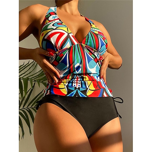 

Women's Swimwear Tankini 2 Piece Normal Swimsuit Open Back Printing Abstract Rainbow Halter V Wire Bathing Suits New Vacation Fashion / Modern / Padded Bras