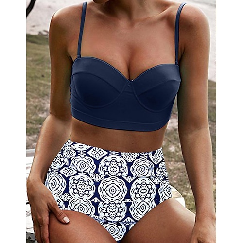 

Mulheres Roupa de Banho Biquíni 2 partes Normal roupa de banho Sem costas Estampado Cintura alta Floral Poá Preto Azul Cinzento Vermelho Azul Marinha Camisola Com Alças Fatos de banho Sensual Férias