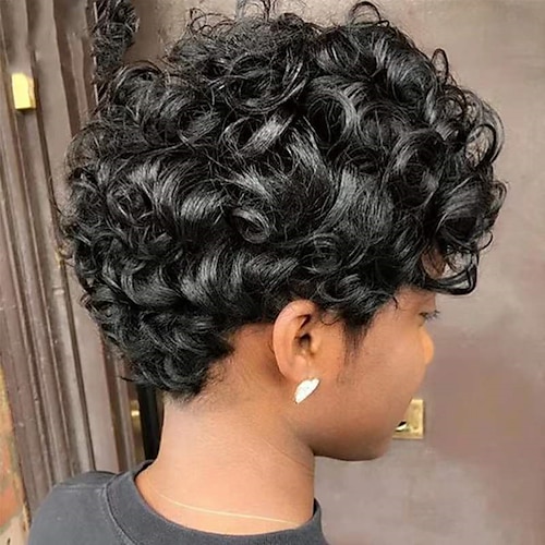 

Human Hair Wig with Bang Full Machine Made Curly For Women Short Curly Wig Pixie Cut Brazilian Hair None Lace 150% Density Capless Wig Natural Black
