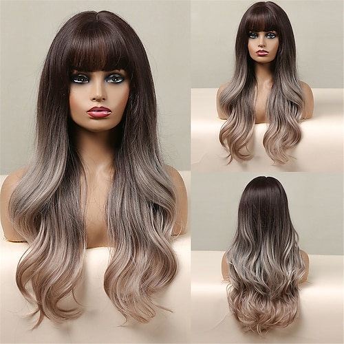 

HAIRCUBE Long Wavy Auburn/Ombre Brown/Ash Brown/Dark Brown/Dark Synthetic Wigs with Bangs Natural Straight Wig For African American Women Coaplay