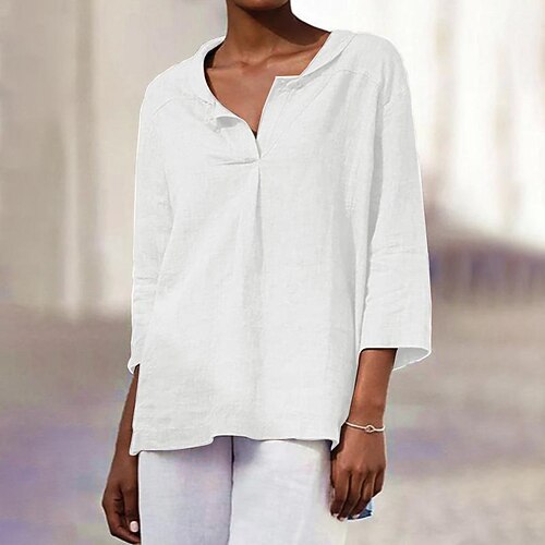 

retro summer lapel asymmetric hem 3/4 sleeve casual basic shirt women
