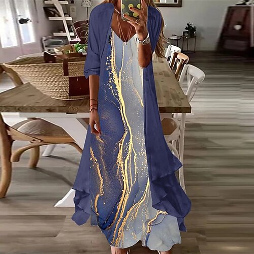 

Women's A Line Dress Maxi long Dress Brown Navy Blue Half Sleeve Color Gradient Print Spring Summer V Neck Elegant Casual Vacation 2022 S M L XL XXL 3XL