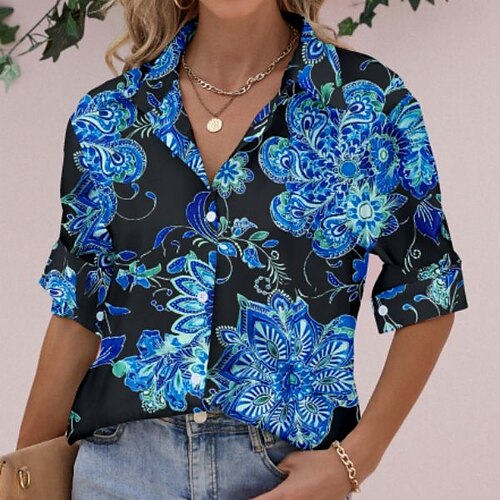 

Women's Floral Theme Blouse Shirt Graphic Flower Print Shirt Collar Casual Tops Green Blue Red / 3D Print