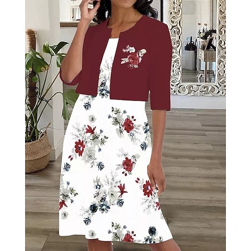 

Women's Dress Set Two Piece Dress Midi Dress Black Wine Half Sleeve Floral Ruched Fall Spring Autumn Crew Neck 2022 S M L XL XXL 3XL