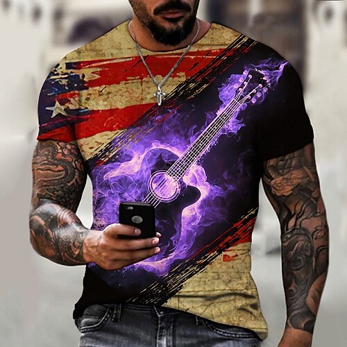 

Men's T shirt 3D Print Graphic Musical Instrument Crew Neck Casual Daily Print Short Sleeve Tops Fashion Vintage Designer Big and Tall Purple Orange