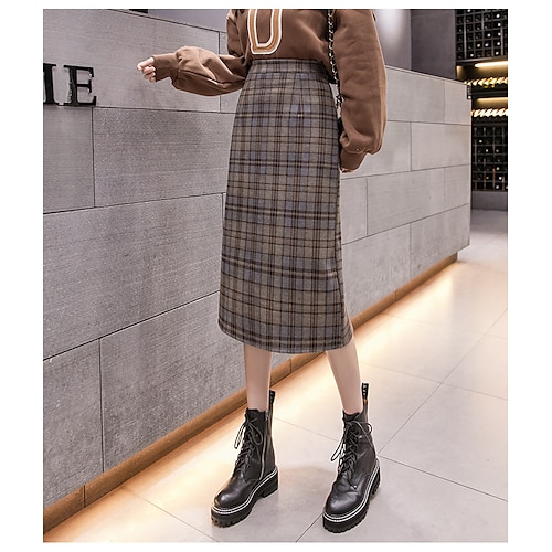 

Women's Fashion Capris Skirts Vacation Casual / Daily Plaid Split Blue Khaki S M L