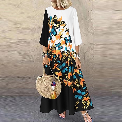 

Mujer Vestido de Columpio Amarillo Rojo Blanco Manga 3/4 Animal Estampado Invierno Otoño Cuello Barco Holgado 2022 S M L XL XXL 3XL 4XL 5XL