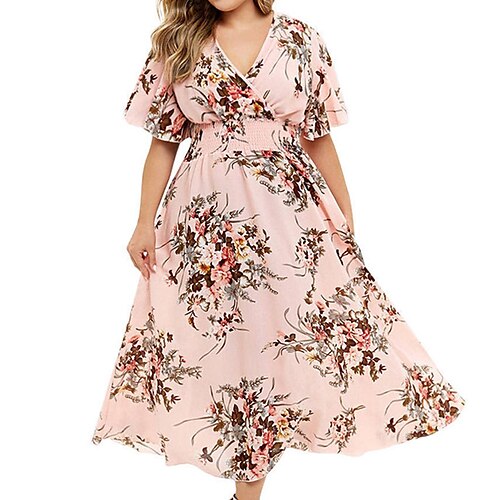 

Women's Plus Size Curve A Line Dress Floral V Neck Print Short Sleeve Spring Summer Casual Midi Dress Causal Daily Dress