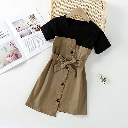 

Kids Girls' Dress Color Block A Line Dress Midi Dress Daily Bow Cotton Short Sleeve Cute Dress 4-12 Years Spring Khaki