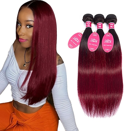 

10A Brazilian Virgin Hair Straight 3 Bundles Remy Human Hair Weaves For Women 95-100g/bundle 100% Unprocessed Straight Brazilian Human Hair Weft Hair Extensions Gradient Color T1B/99J 12-24 Inch