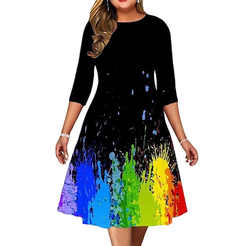 

Women's Plus Size Casual Dress Color Gradient Crew Neck Print 3/4 Length Sleeve Fall Spring Casual Midi Dress Causal Daily Dress