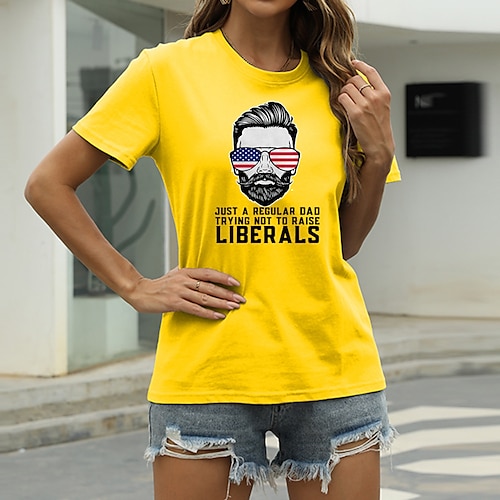 

Women's T shirt Graphic American Flag Letter Print Round Neck Basic Tops Green Blue White