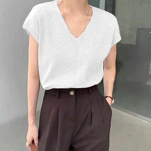 

Women's Sweater Pullover Jumper Knitted Hooded Solid Color Stylish Casual Soft Short Sleeves Sweater Cardigans V Neck Fall Spring White Black