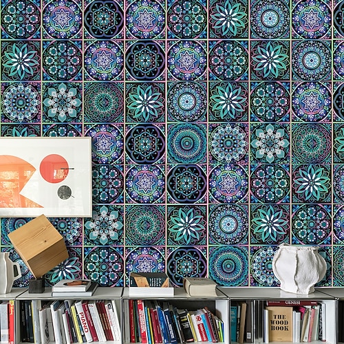 

Kitchen Oil-proof And Waterproof Tile Stickers Crystal Film Blue Violet Mandala Pattern Tile Renovation Thickened Wall Stickers