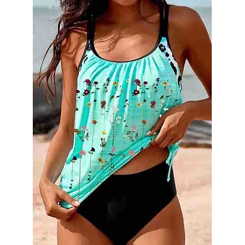

Women's Swimwear Tankini 2 Piece Normal Swimsuit Open Back Printing Floral Green Blue Rosy Pink Camisole Strap Bathing Suits Sexy Vacation Fashion / Modern / New / Padded Bras