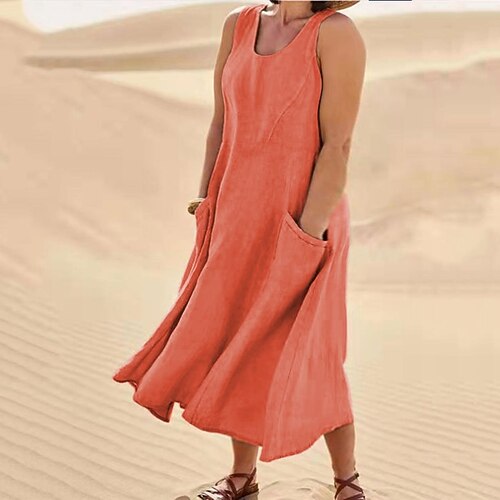 

Women's Plus Size Casual Dress Solid Color Crew Neck Sleeveless Spring Summer Casual Maxi long Dress Daily Holiday Dress / Cotton