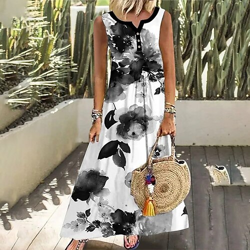 

Damen Schaukelkleid Weiß Ärmellos Blumen Bedruckt Frühling Sommer V Ausschnitt Lockere Passform 2022 S M L XL XXL 3XL