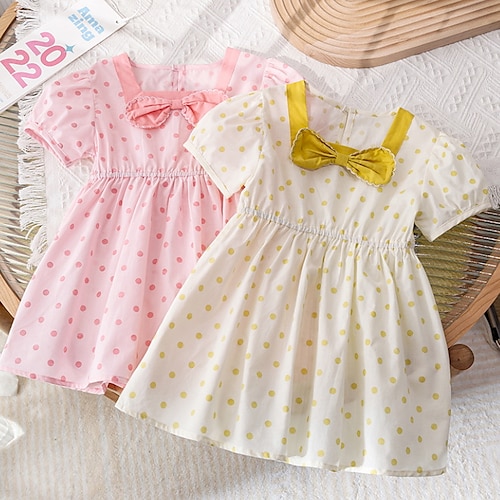 

Kids Little Girls' Dress Polka Dot A Line Dress Daily Holiday Ruched Bow Print Pink Yellow Knee-length Short Sleeve Cute Sweet Dresses Spring Summer Regular Fit 2-8 Years