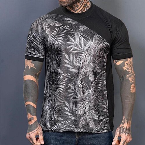 

Men's T shirt 3D Print Graphic Leaves Crew Neck Casual Daily Print Short Sleeve Tops Fashion Vintage Designer Big and Tall Gray