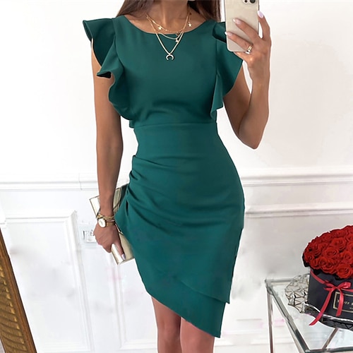 

Mulheres Tubinho Vestido da bainha Vestido midi Rosa Vermelho Verde Sem Manga Cor imaculada Franzido Primavera Verão Gola Redonda quente Final de semana Delgado 2023 S M L XL