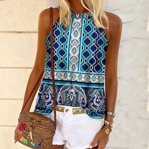 

Women's Geometric Tank Top Vest Geometric Print Round Neck Ethnic Casual Streetwear Tops Green Blue Purple / 3D Print