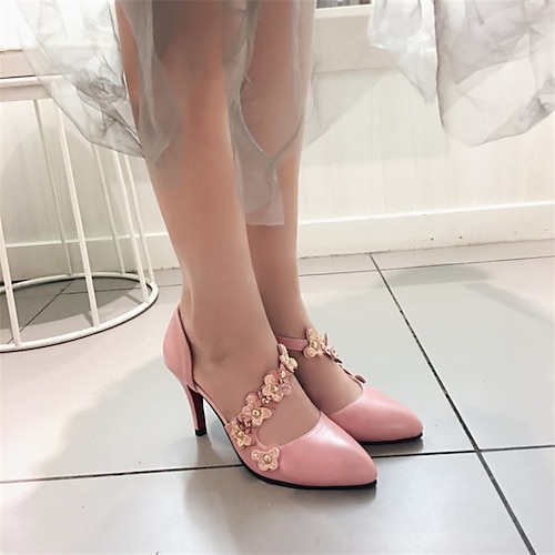 

Women's Heels Daily Summer Flower Stiletto Heel Pointed Toe Minimalism PU Leather Loafer Solid Colored Black Rosy Pink White
