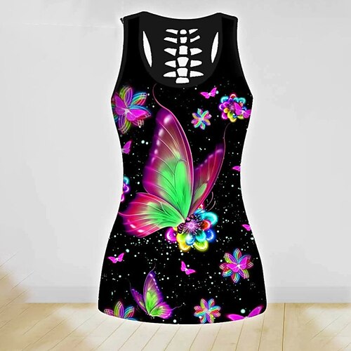

Women's Plus Size Tops Blouse Butterfly Skull Cut Out Print Sleeveless Round Neck Streetwear Daily Going out Polyester Spring Summer Green Black