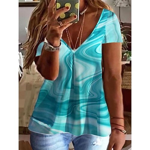 

Women's Plus Size Tops T shirt Color Gradient Print Short Sleeve V Neck Streetwear Daily Going out Cotton Spandex Jersey Spring Summer Blue
