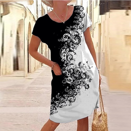 

Women's Shift Dress Short Mini Dress Black Gray Red Short Sleeve Floral Print Flag Print Spring Summer Round Neck Casual 2022 S M L XL XXL 3XL