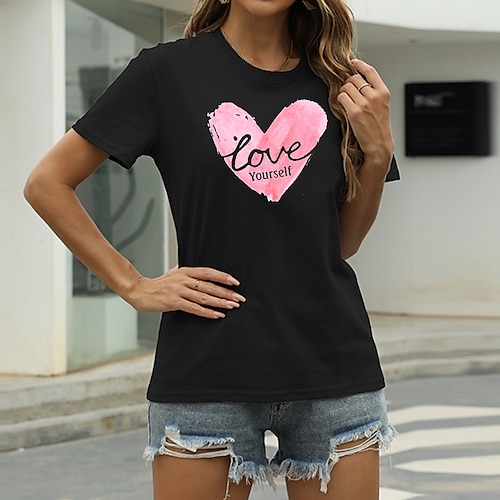 

Women's T shirt Graphic Heart Letter Print Round Neck Basic Tops 100% Cotton Green Blue White