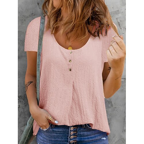 Women's T shirt Tee Henley Shirt Blue Pink Gray Plain Button Short Sleeve Casual Weekend Basic Round Neck Regular S