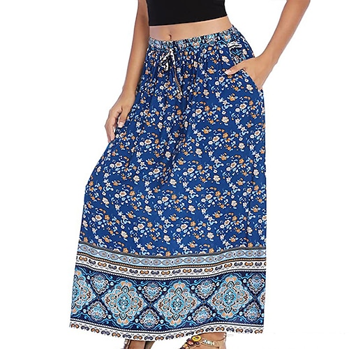 

Women's Fashion Long Skirts Holiday Vacation Floral / Botanical Drawstring Blue S M L