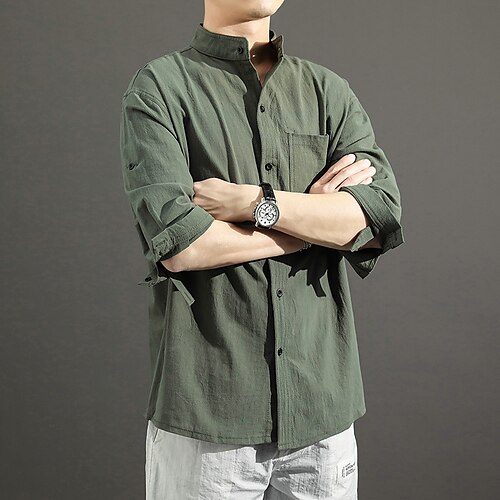 

Men's Shirt Solid Colored Stand Collar Army Green White Black Outdoor Street 3/4 Length Sleeve Button-Down Clothing Apparel Fashion Casual Breathable Comfortable / Summer / Spring / Summer