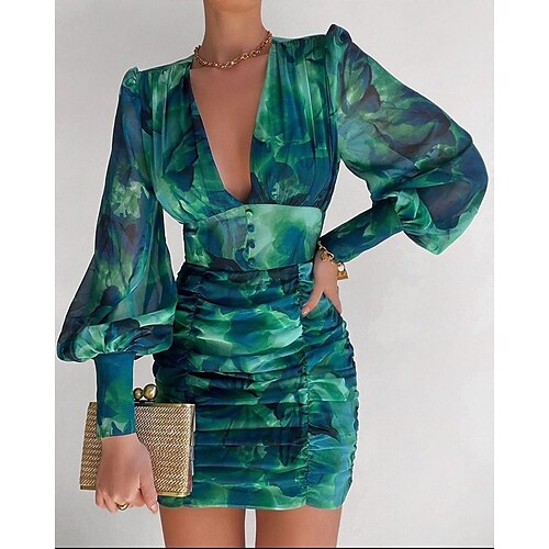 

Women's Bodycon Short Mini Dress Green White Red Yellow Light Blue Long Sleeve Floral Color Gradient Print Spring Summer V Neck Elegant Vacation 2022 S M L XL