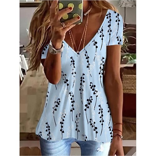 

Women's T shirt Tee Blue Flower Patchwork Print Short Sleeve Casual Daily Basic V Neck Regular S / 3D Print