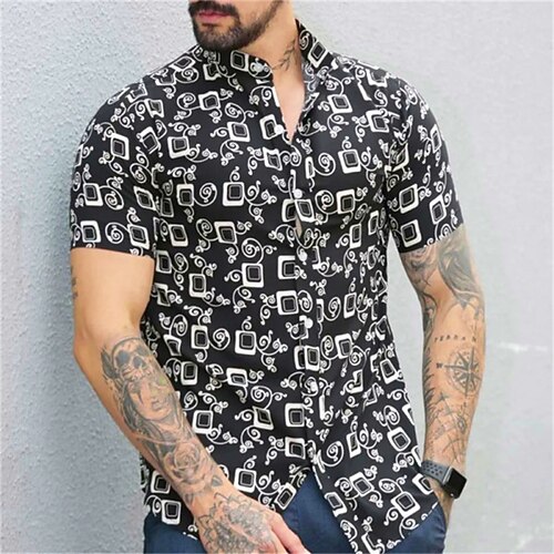 

Men's Shirt Print Lattice Turndown Casual Daily Button-Down Print Short Sleeve Tops Casual Fashion Black