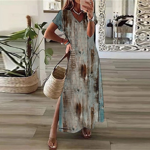 

Women's Casual Dress Shift Dress Long Dress Maxi Dress Gray White Short Sleeve Floral Split Spring Summer V Neck Loose Fit 2022 S M L XL XXL 3XL