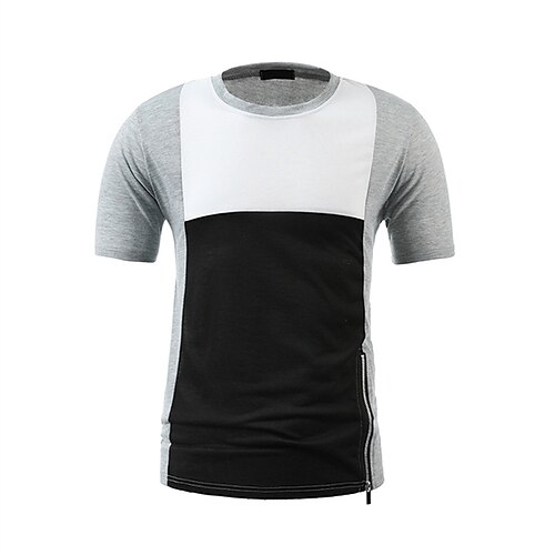 

Men's T shirt Color Block Collarless Casual Zipper Short Sleeve Tops Casual White Light gray Dark Gray