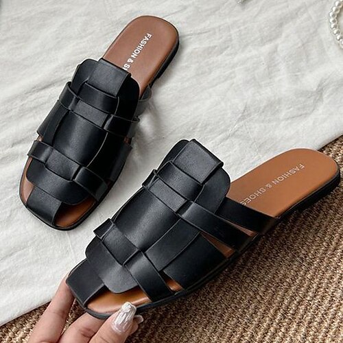 

Women's Mules Plus Size Flat Heel Round Toe Casual Daily PU Leather Loafer Spring Summer Solid Colored Black Brown Beige
