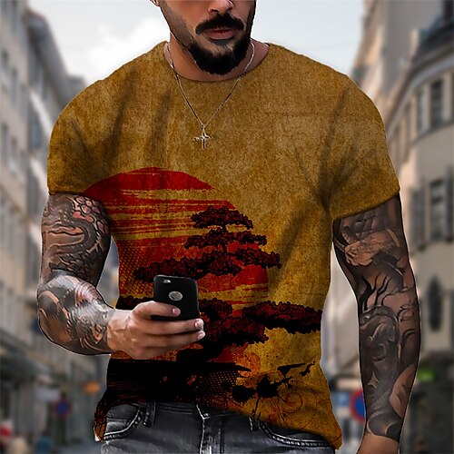 

Men's T shirt 3D Print Graphic Tree Crew Neck Casual Daily Print Short Sleeve Tops Fashion Vintage Designer Big and Tall Brown