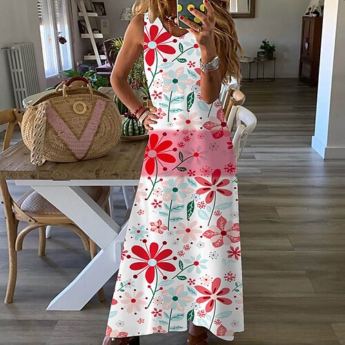 

Women's Shift Dress Maxi long Dress Green Blue White Pink Yellow Sleeveless Floral Print Spring Summer Crew Neck Casual 2022 S M L XL