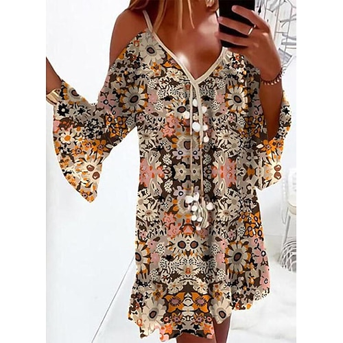

Women's Shift Dress Short Mini Dress Beige Long Sleeve Floral Cold Shoulder Print Spring Summer V Neck Casual Vacation 2022 S M L XL XXL