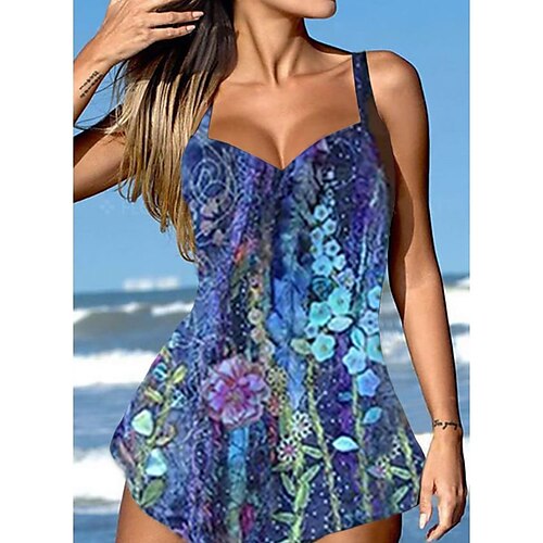 

Women's Swimwear Tankini 2 Piece Normal Swimsuit High Waisted Print Floral Print Purple Padded V Wire Bathing Suits Sports Vacation Sexy / Strap / New / Strap