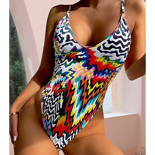 

Women's Swimwear One Piece Monokini Bathing Suits Swimsuit Tummy Control Open Back Geometric Rainbow Strap Bathing Suits New Vacation Fashion / Modern / Padded Bras