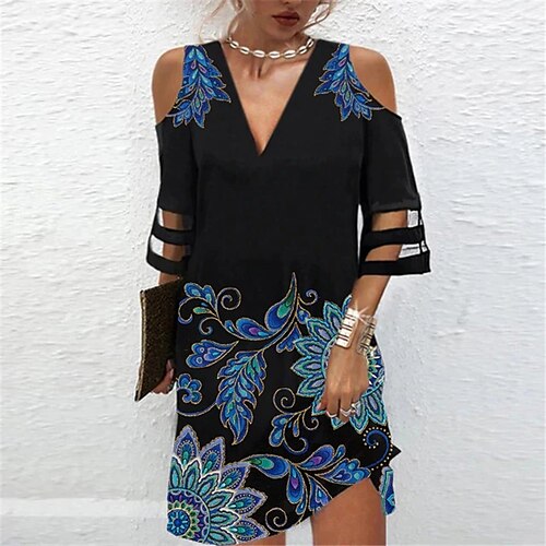 

Women's Shift Dress Short Mini Dress Blue White Khaki Royal Blue Short Sleeve Floral Print Cold Shoulder Print Spring Summer V Neck Work Elegant Casual 2022 S M L XL XXL